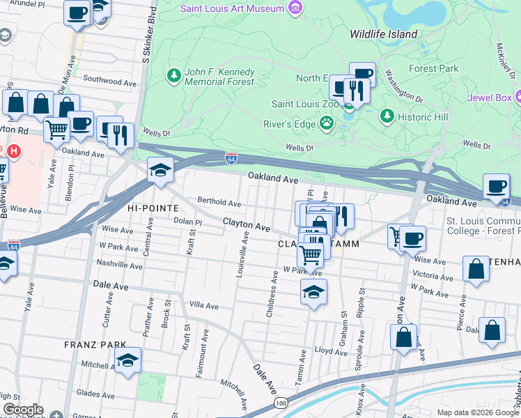 map of restaurants, bars, coffee shops, grocery stores, and more near 1031 Louisville Avenue in St. Louis