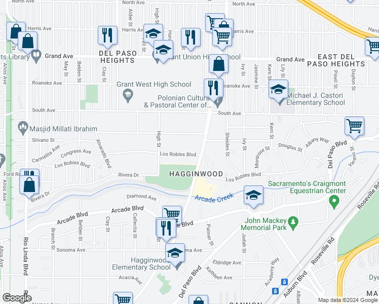 map of restaurants, bars, coffee shops, grocery stores, and more near 1523 Los Robles Boulevard in Sacramento