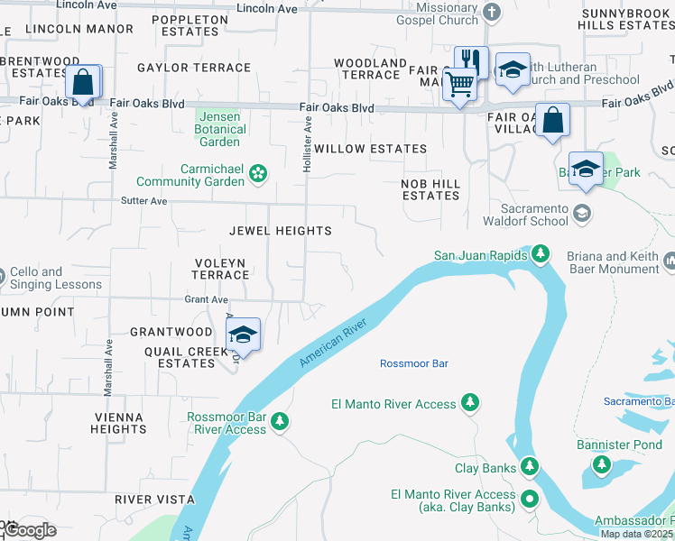 map of restaurants, bars, coffee shops, grocery stores, and more near 3659 Kiekebusch Court in Carmichael