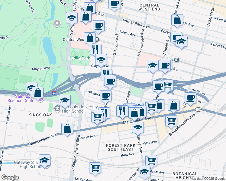 map of restaurants, bars, coffee shops, grocery stores, and more near 4441 Chouteau Avenue in St. Louis