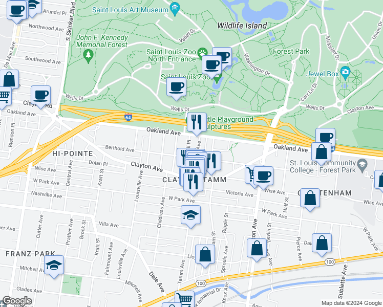 map of restaurants, bars, coffee shops, grocery stores, and more near 1008 Tamm Avenue in St. Louis