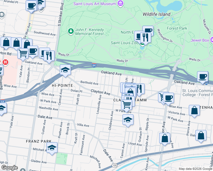map of restaurants, bars, coffee shops, grocery stores, and more near 1031 Louisville Avenue in St. Louis