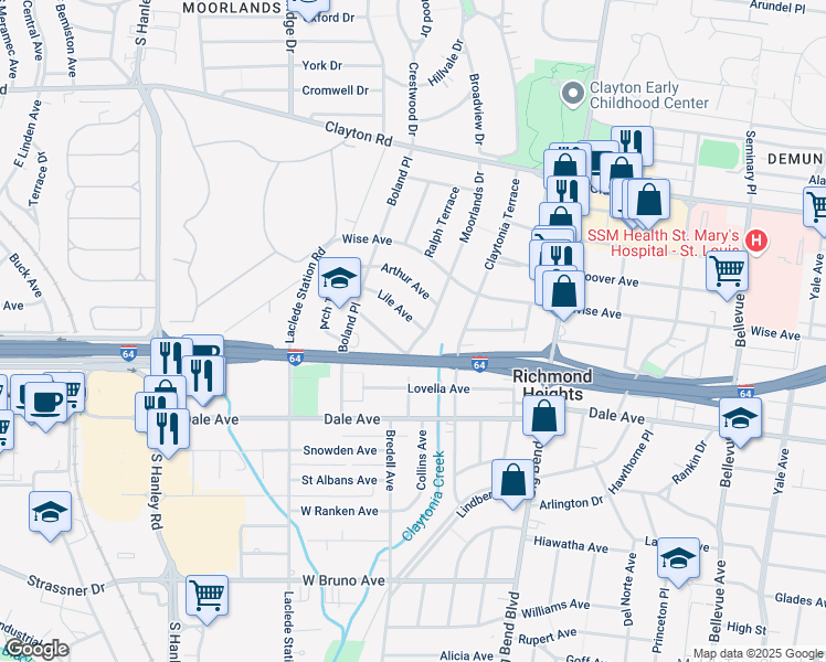 map of restaurants, bars, coffee shops, grocery stores, and more near 7717 Lile Avenue in Richmond Heights