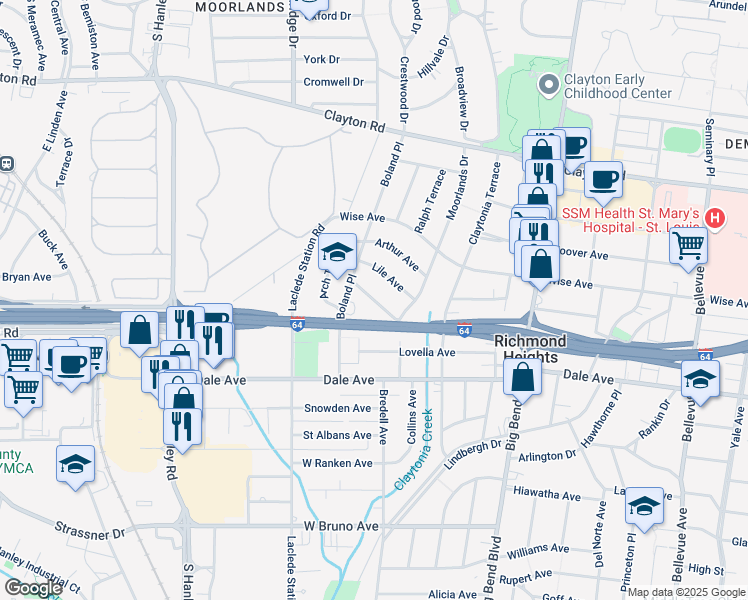 map of restaurants, bars, coffee shops, grocery stores, and more near 7797 Gissler Avenue in Richmond Heights