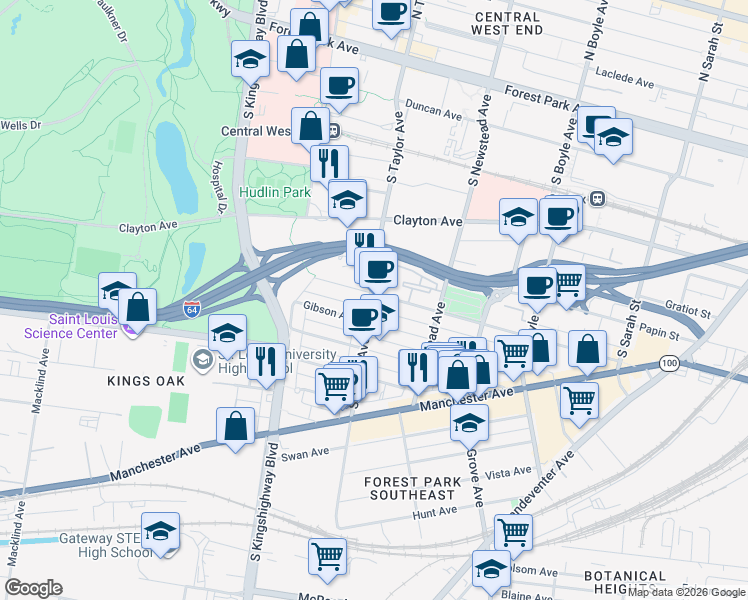 map of restaurants, bars, coffee shops, grocery stores, and more near 4476 Chouteau Avenue in Saint Louis