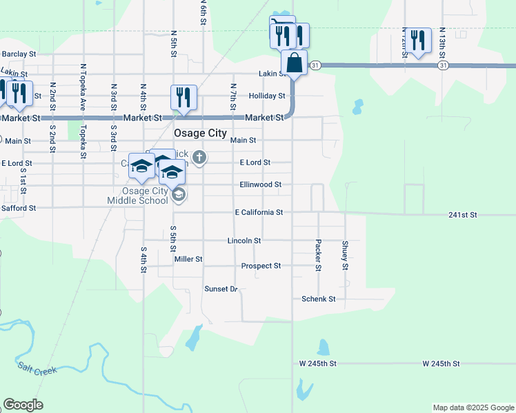 map of restaurants, bars, coffee shops, grocery stores, and more near 813 Ellinwood Street in Osage City