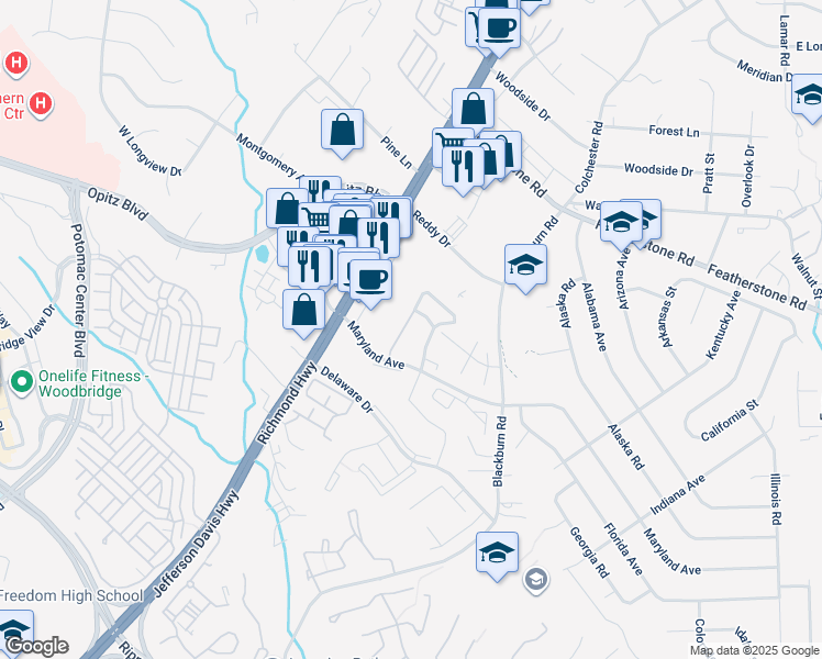 map of restaurants, bars, coffee shops, grocery stores, and more near 14754 Winding Loop in Woodbridge