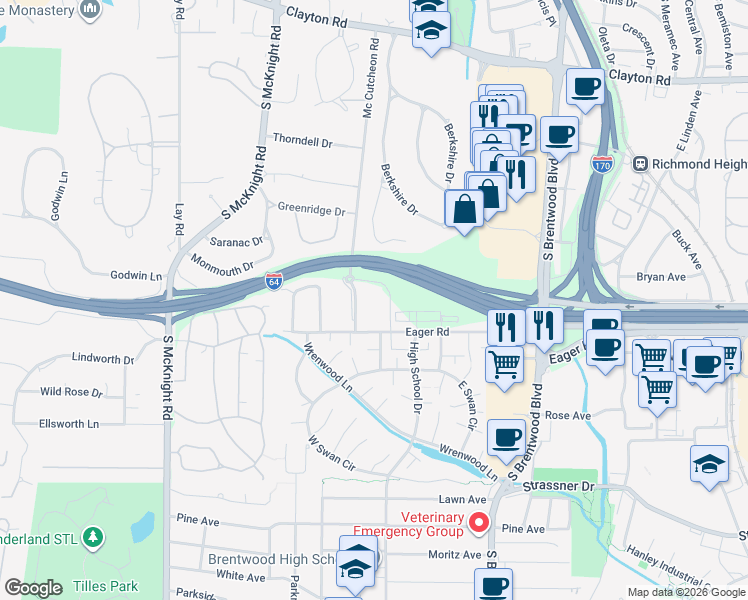 map of restaurants, bars, coffee shops, grocery stores, and more near 9015 Eager Road in St. Louis