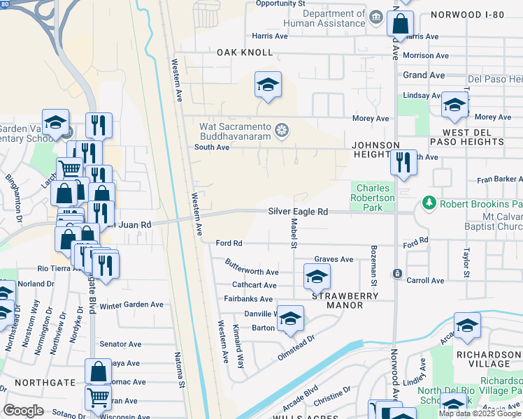 map of restaurants, bars, coffee shops, grocery stores, and more near 151 Silver Eagle Road in Sacramento