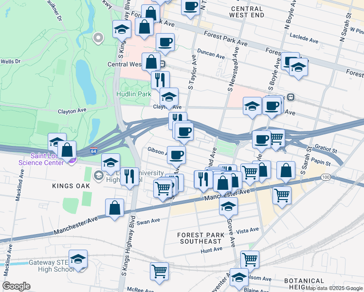 map of restaurants, bars, coffee shops, grocery stores, and more near 4501 Chouteau Avenue in St. Louis