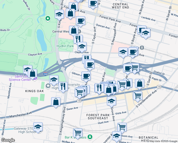 map of restaurants, bars, coffee shops, grocery stores, and more near 4476 Chouteau Avenue in St. Louis