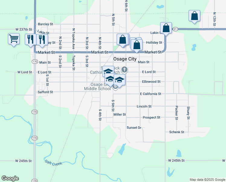 map of restaurants, bars, coffee shops, grocery stores, and more near 420 South 5th Street in Osage City