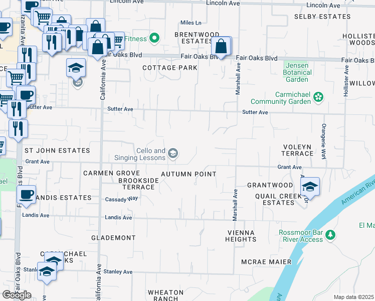 map of restaurants, bars, coffee shops, grocery stores, and more near 6513 Grant Avenue in Carmichael