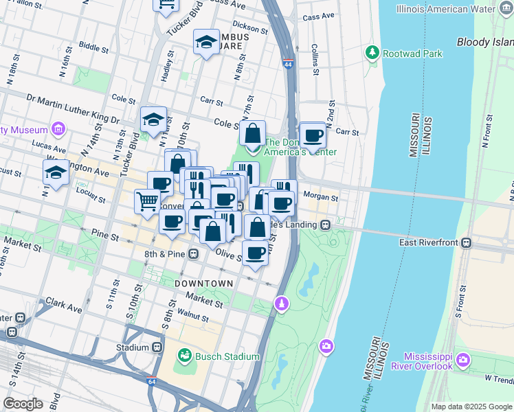map of restaurants, bars, coffee shops, grocery stores, and more near in St. Louis