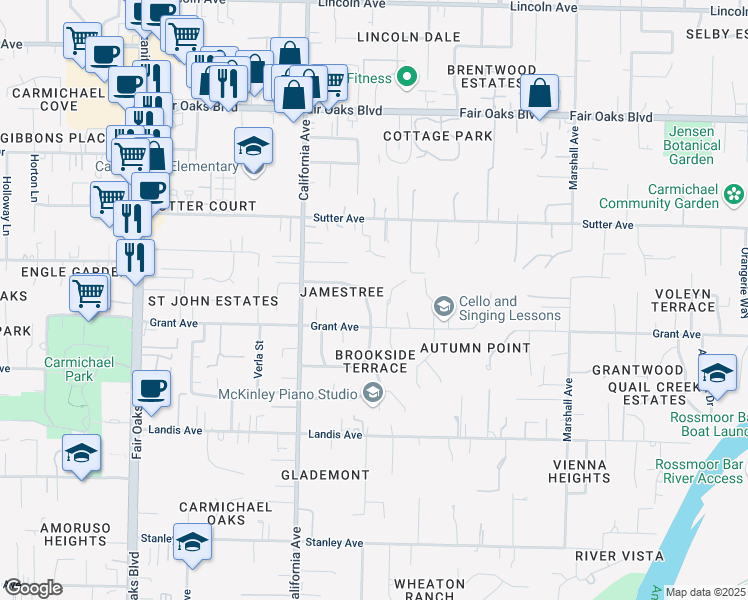 map of restaurants, bars, coffee shops, grocery stores, and more near 6305 Pattypeart Way in Carmichael