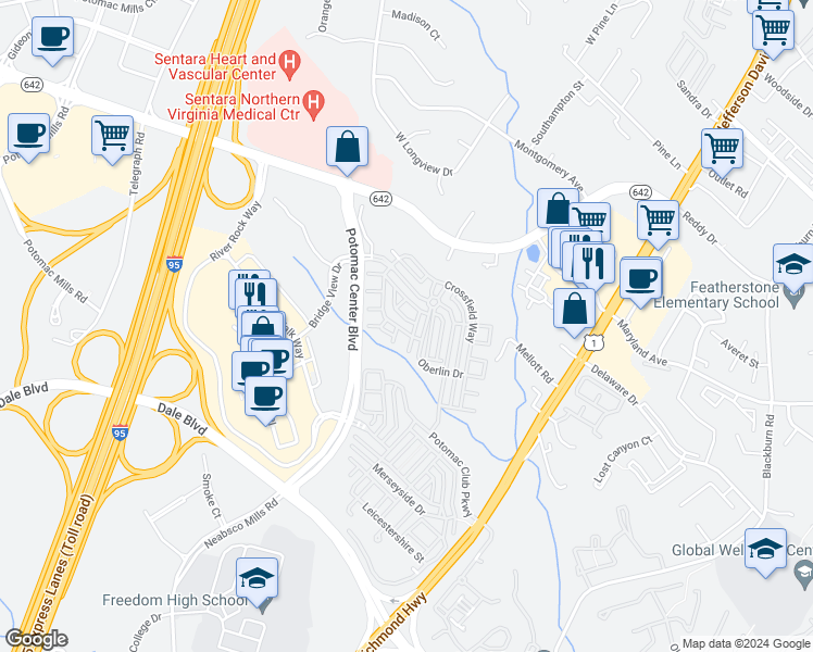 map of restaurants, bars, coffee shops, grocery stores, and more near 2334 Brookmoor Lane in Woodbridge