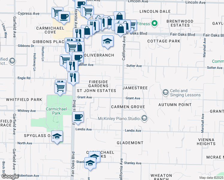 map of restaurants, bars, coffee shops, grocery stores, and more near 3640 Wintun Drive in Carmichael