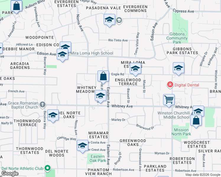 map of restaurants, bars, coffee shops, grocery stores, and more near 4315 Mulford Avenue in Sacramento