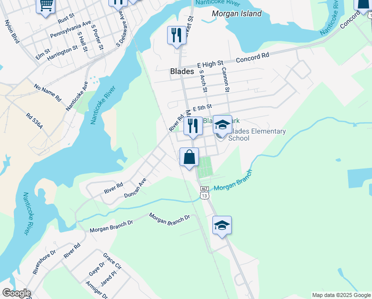 map of restaurants, bars, coffee shops, grocery stores, and more near 800 South Market Street in Seaford