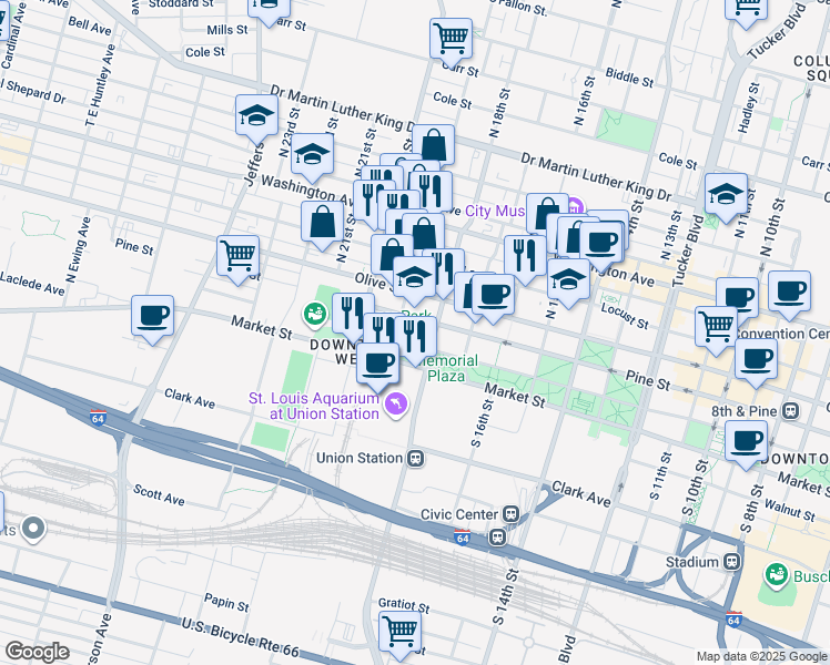 map of restaurants, bars, coffee shops, grocery stores, and more near 1881 Pine Street in St. Louis