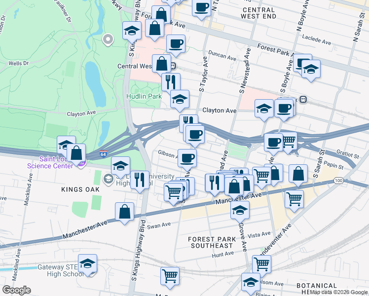 map of restaurants, bars, coffee shops, grocery stores, and more near in St. Louis