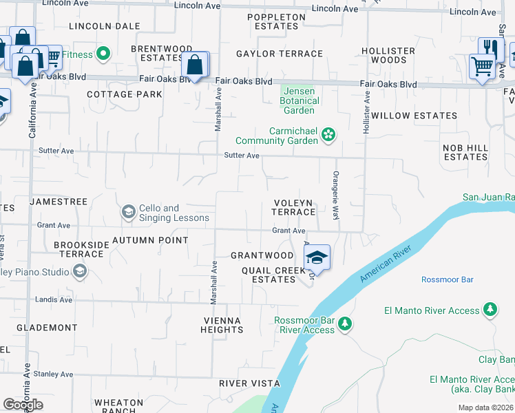 map of restaurants, bars, coffee shops, grocery stores, and more near 3632 Waynart Court in Carmichael