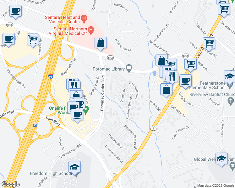 map of restaurants, bars, coffee shops, grocery stores, and more near 2336 Brookmoor Lane in Woodbridge
