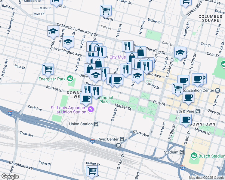 map of restaurants, bars, coffee shops, grocery stores, and more near 210 North 17th Street in St. Louis