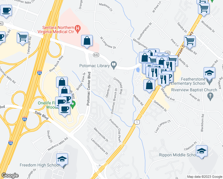 map of restaurants, bars, coffee shops, grocery stores, and more near 14511 Barkham Drive in Woodbridge