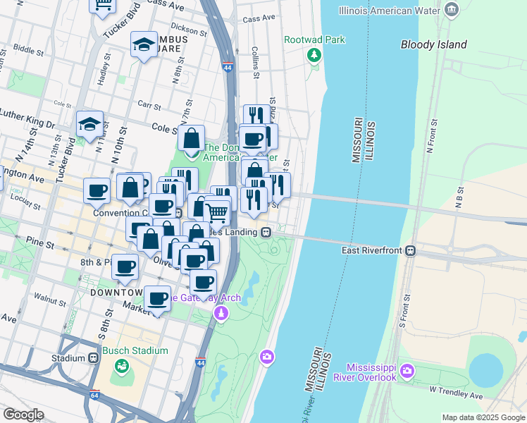 map of restaurants, bars, coffee shops, grocery stores, and more near 801 North 2nd Street in St. Louis