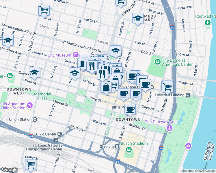 map of restaurants, bars, coffee shops, grocery stores, and more near 414 North Tucker Boulevard in St. Louis