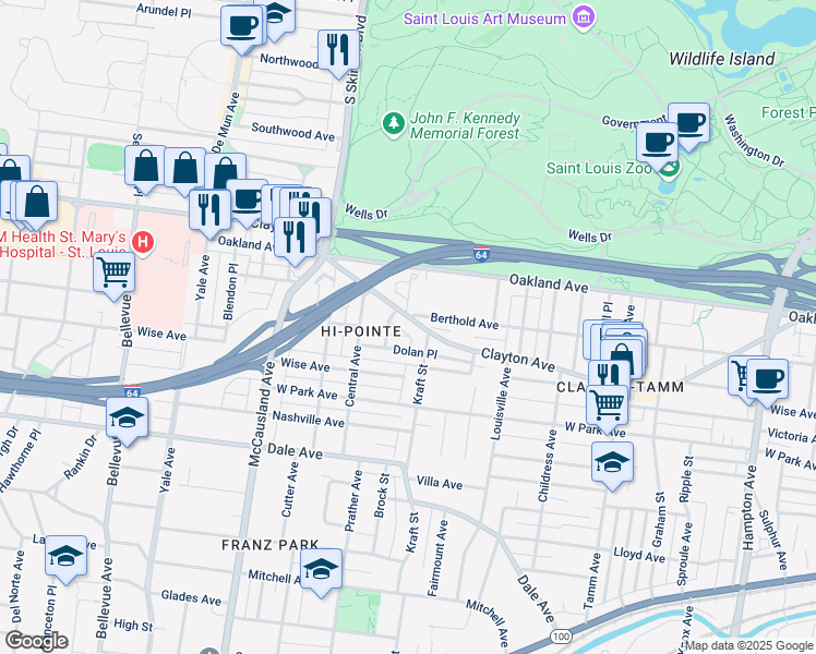 map of restaurants, bars, coffee shops, grocery stores, and more near 6701 Clayton Avenue in St. Louis