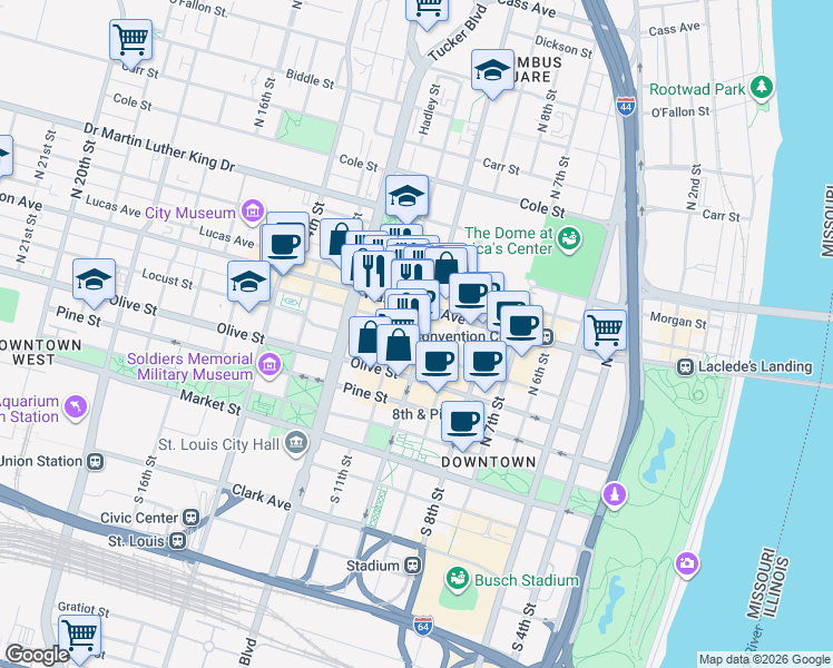 map of restaurants, bars, coffee shops, grocery stores, and more near 1000 Washington Avenue in St. Louis