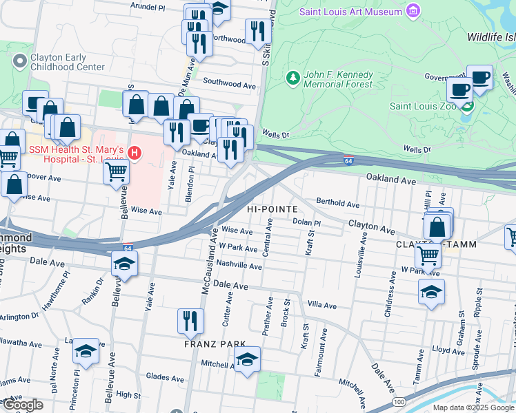 map of restaurants, bars, coffee shops, grocery stores, and more near 1033 Forest Avenue in St. Louis