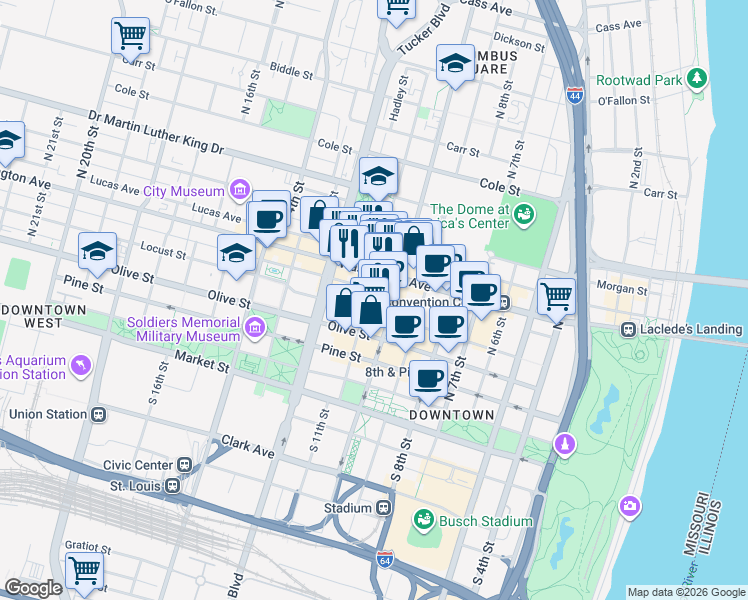map of restaurants, bars, coffee shops, grocery stores, and more near 1000 Washington Avenue in St. Louis