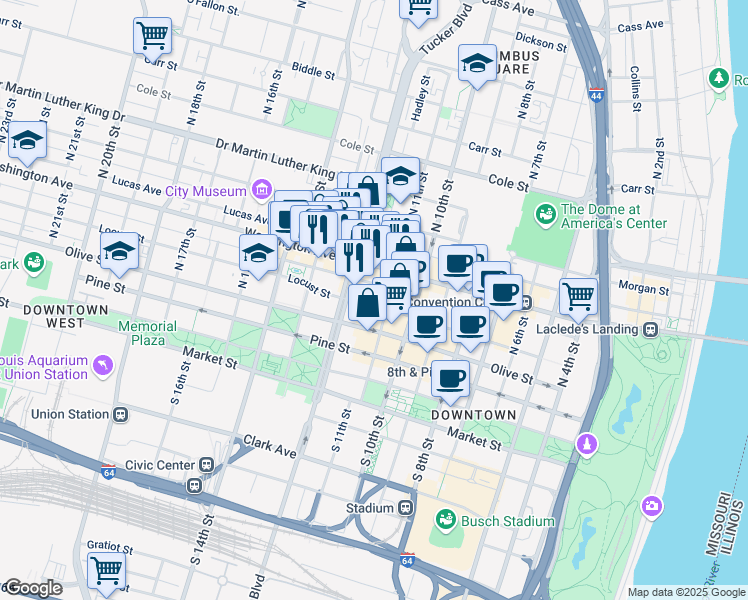 map of restaurants, bars, coffee shops, grocery stores, and more near 414 North Tucker Boulevard in St. Louis