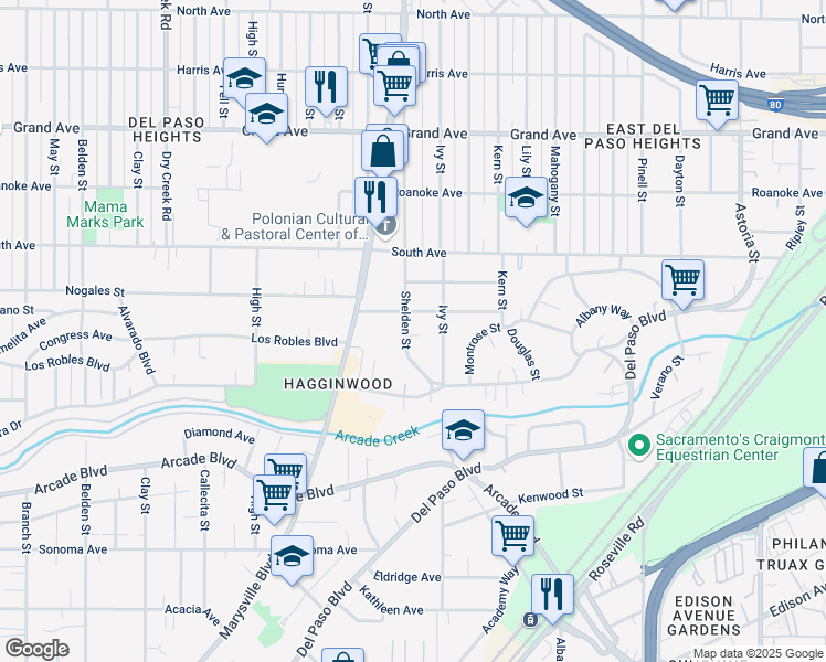 map of restaurants, bars, coffee shops, grocery stores, and more near 1638 Rosalind Street in Sacramento