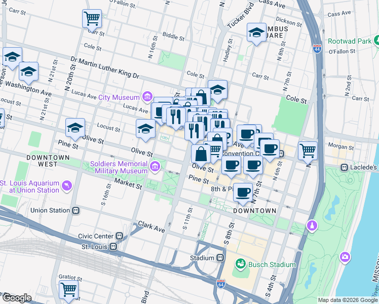 map of restaurants, bars, coffee shops, grocery stores, and more near 414 North Tucker Boulevard in St. Louis