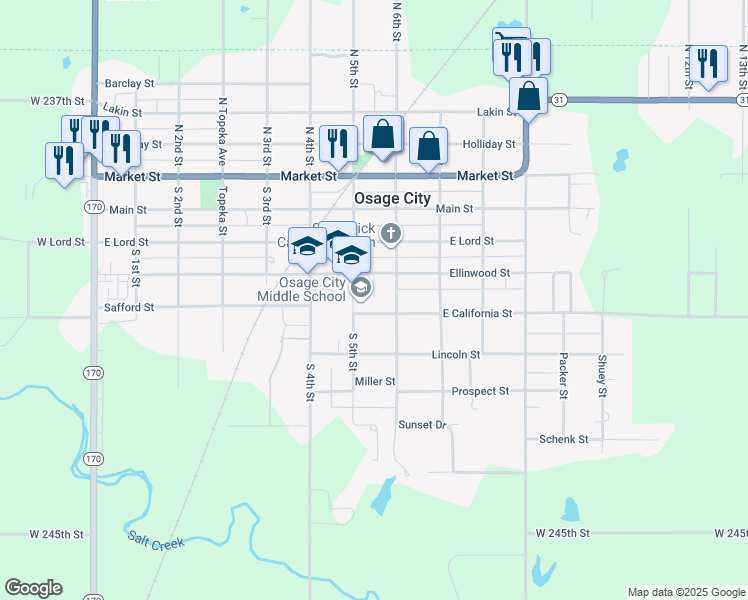 map of restaurants, bars, coffee shops, grocery stores, and more near 420 South 5th Street in Osage City