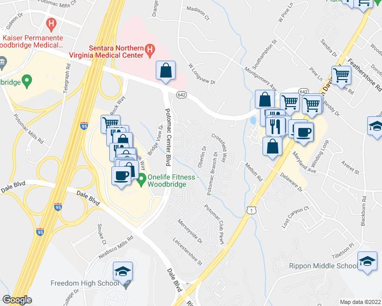 map of restaurants, bars, coffee shops, grocery stores, and more near 2344 Brookmoor Lane in Woodbridge