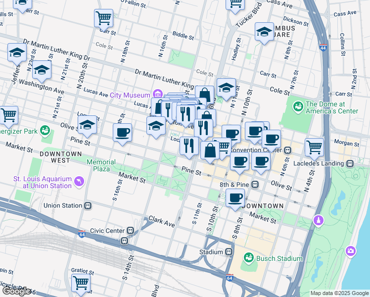 map of restaurants, bars, coffee shops, grocery stores, and more near 1212 Locust Street in St. Louis