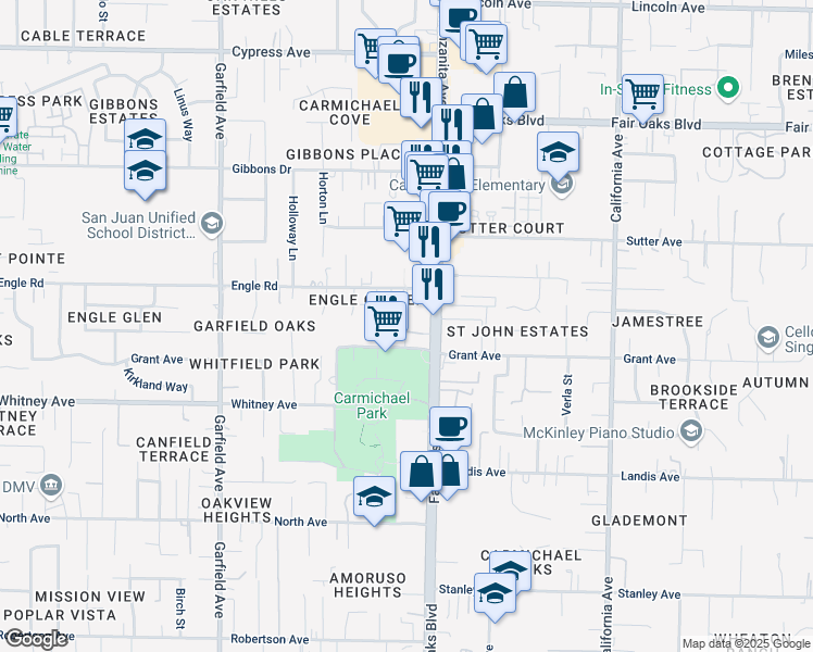 map of restaurants, bars, coffee shops, grocery stores, and more near 7135 Fair Oaks Boulevard in Carmichael