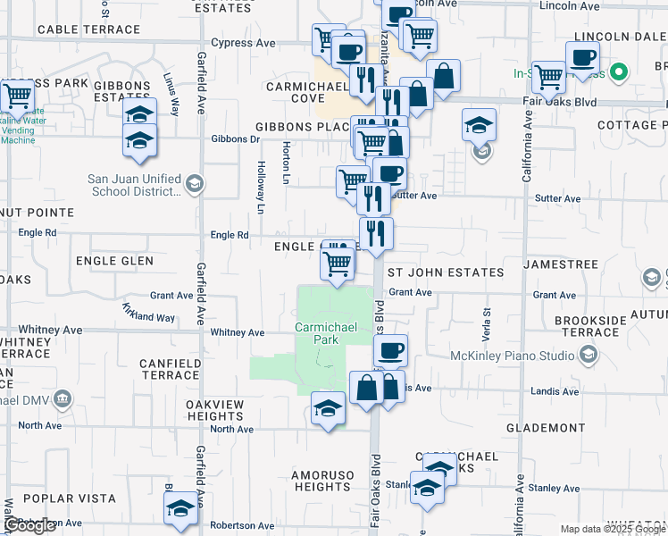 map of restaurants, bars, coffee shops, grocery stores, and more near 3632 Hallelujah Court in Carmichael