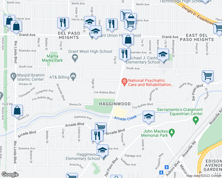 map of restaurants, bars, coffee shops, grocery stores, and more near 1520 Nogales Street in Sacramento