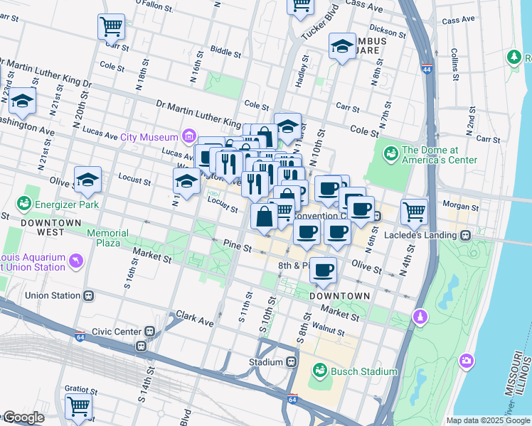 map of restaurants, bars, coffee shops, grocery stores, and more near 414 North Tucker Boulevard in St. Louis