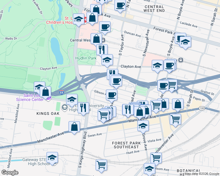map of restaurants, bars, coffee shops, grocery stores, and more near 4501 Chouteau Avenue in St. Louis