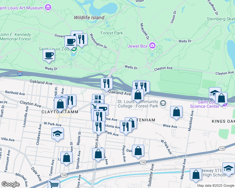 map of restaurants, bars, coffee shops, grocery stores, and more near 5840 Oakland Avenue in St. Louis