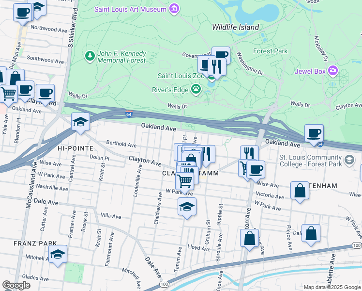 map of restaurants, bars, coffee shops, grocery stores, and more near 1016 Childress Avenue in St. Louis