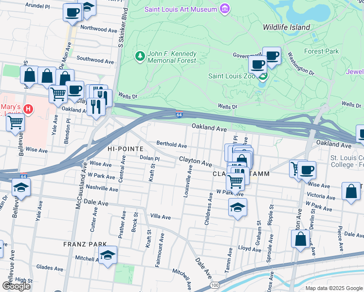 map of restaurants, bars, coffee shops, grocery stores, and more near 6637 Berthold Avenue in St. Louis