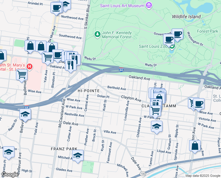 map of restaurants, bars, coffee shops, grocery stores, and more near 6661 Berthold Avenue in St. Louis